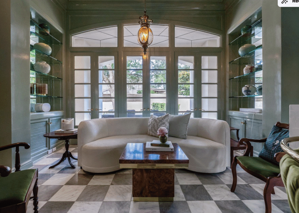 A cozy seating area in the River Oaks mansion at 1069 Kirby Drive.